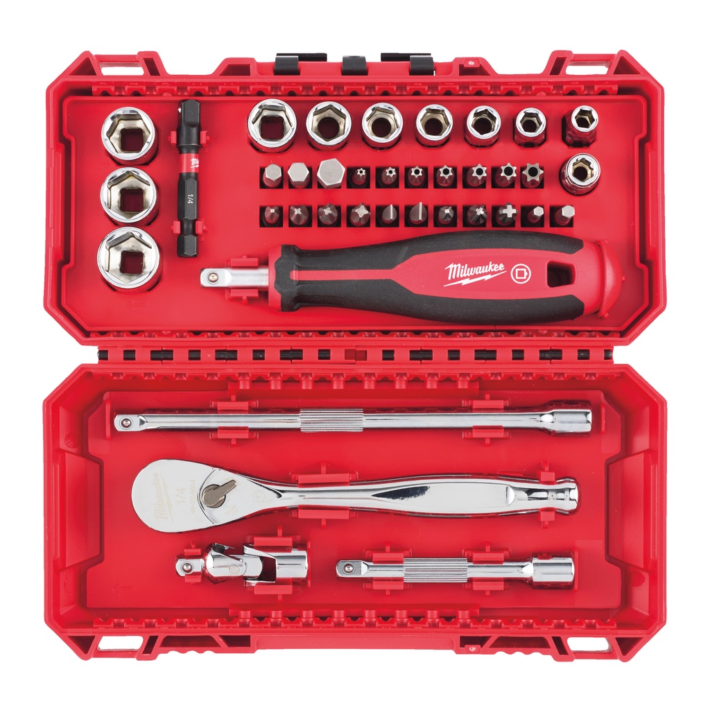 Coffret de 38 piÃ¨ces de clÃ©s et douilles Ã  cliquet Milwaukee 1/4'' avec embouts - 4932498381
