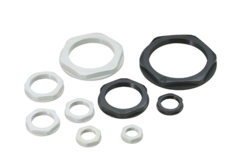 Ecrou en polyamide avec collerette ISO 63 gris foncé (RAL 7001)