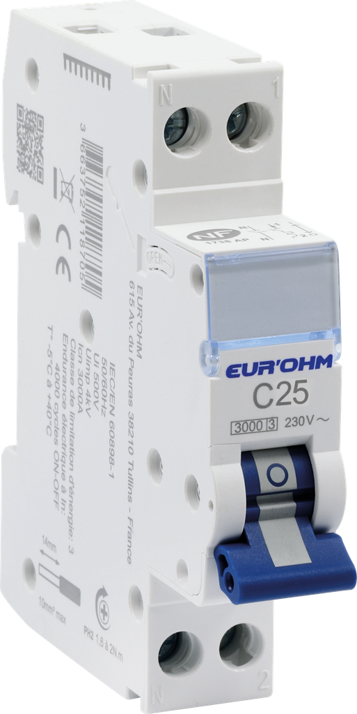 Disjoncteur 1P+N 25A courbe C connexion vis/vis 3kA NF
