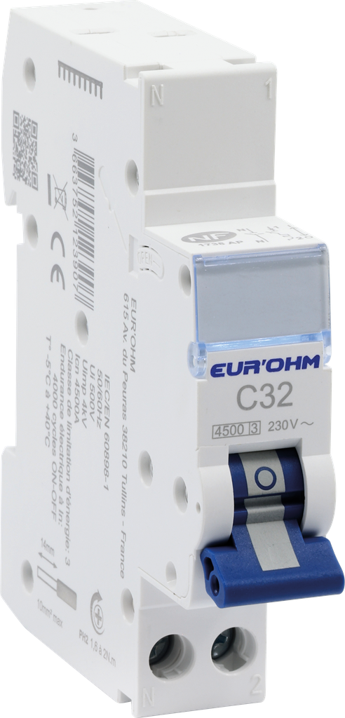 Disjoncteur 1P+N 32A courbe C connexion rapide/vis 4,5kA NF