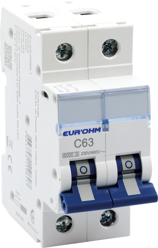 Disjoncteur 2P 63A courbe C connexion vis/vis 6kA NF