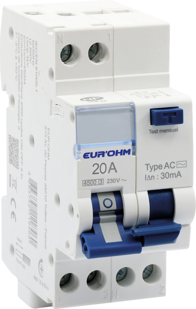 Disjoncteur différentiel1P+N 20A courbe C 30mA type AC