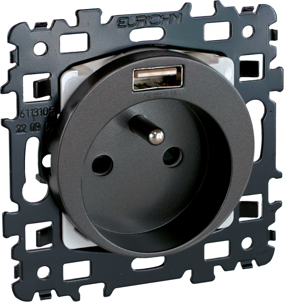 SQUARE Prise 2P+T + USB A VULCAIN