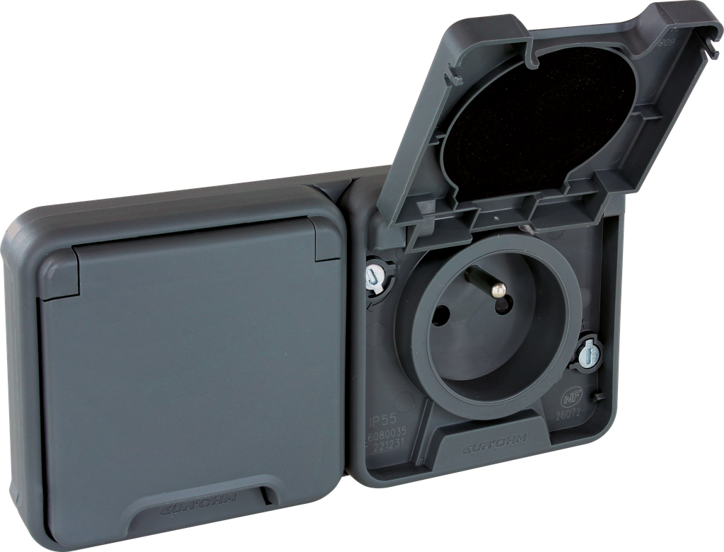 OXXO dble PC 2P+T  IP55 GRIS ENCASTRE