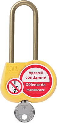 Cadenas jaune anse 70mm diamètre 6mm clé à définir.