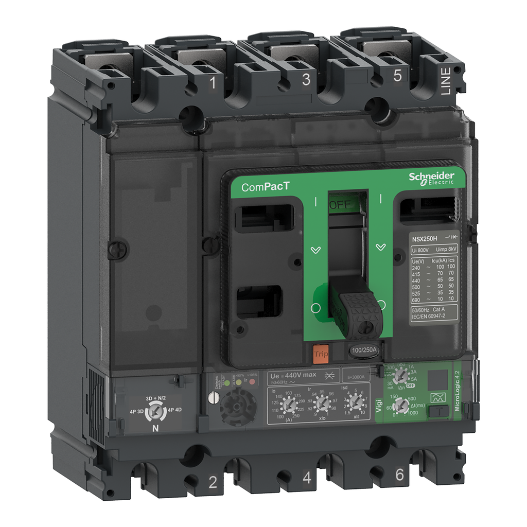 ComPacT NSX250H - Disjoncteur Vigi - MicroLogic 4.2 100A - 4P4D - 70kA - fixe