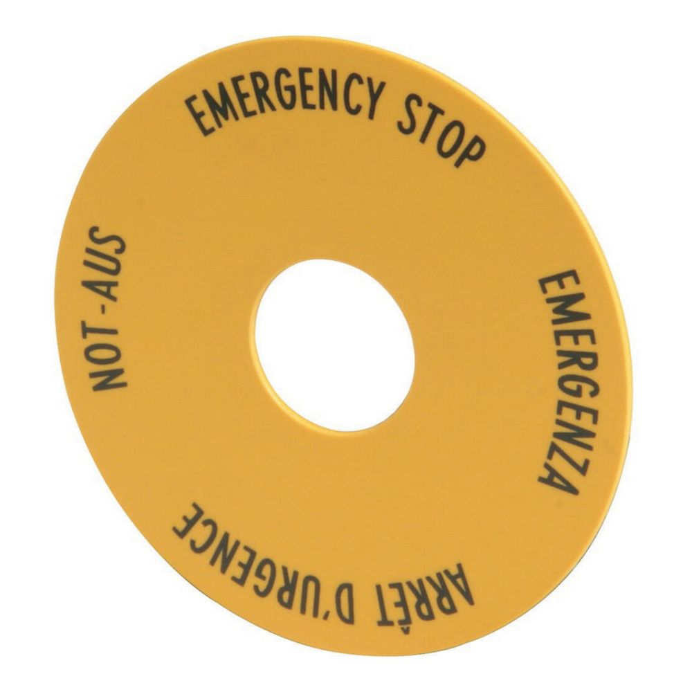 Étiquette, arrêt d'urgence, jaune, D=60mm, 4 langues, DE, EN, FR, IT