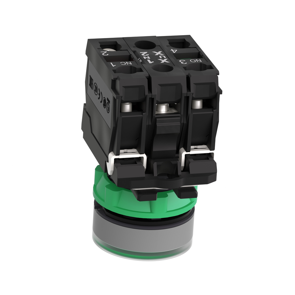 Harmony XB5 - bouton poussoir lumin DEL - Ø22 - col grise - vert - 1O+1F - 24V