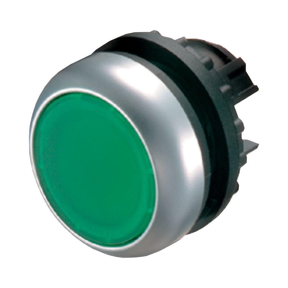 Bouton-poussoir, plat, vert, à rappel, diamètre 22.5