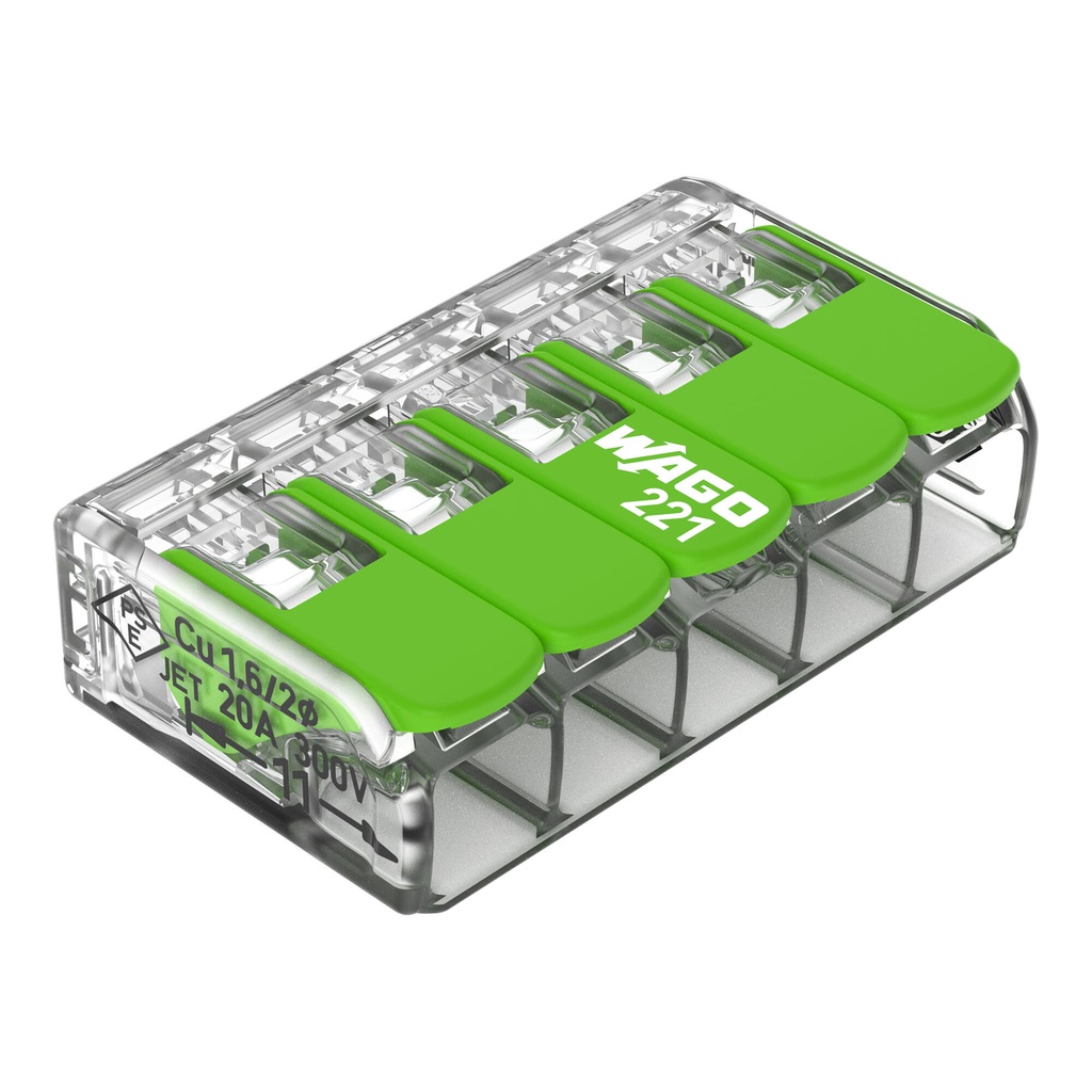 Borne WAGO 221 Green 5x4mm² à leviers souple & rigide