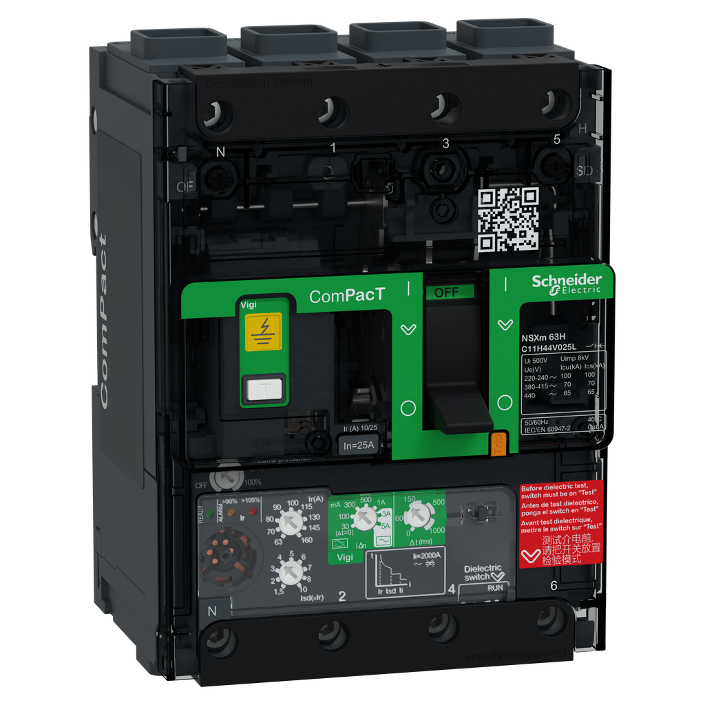 ComPacT NSXmH - disjoncteur Vigi - MicroLogic 4.1 25A - 4P4D - 70kA - EverLink