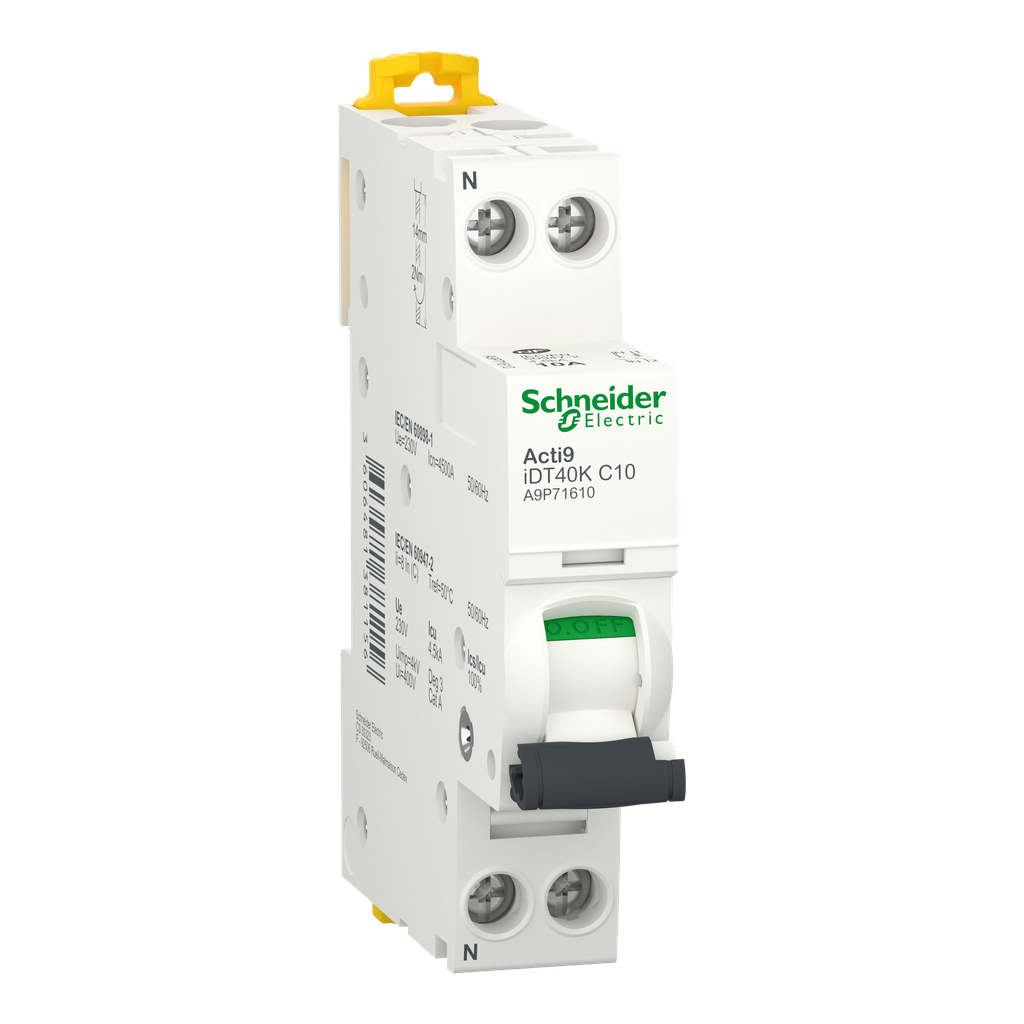 Acti9 iDT40K - Disjoncteur modulaire - 1P+N - 10A - Courbe C - 4500A/4,5kA