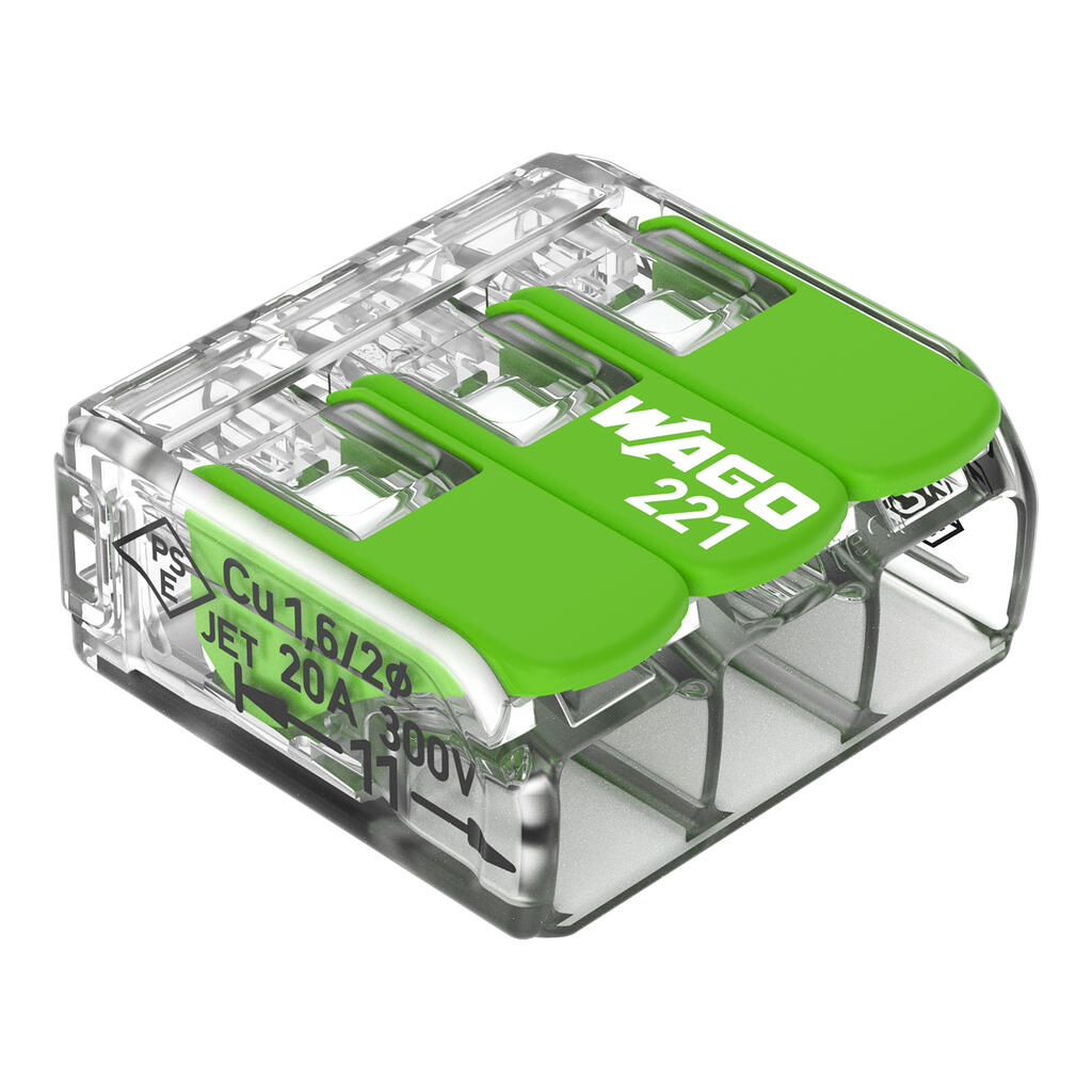 Borne WAGO 221 Green 3x4mm² à leviers souple & rigide