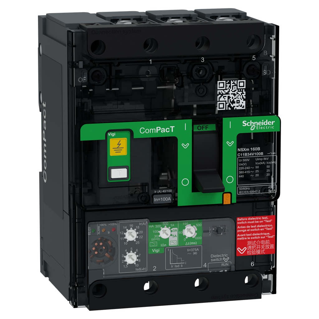 ComPacT NSXmB - disj Vigi - MicroLogic 4.1 100A - 3P3D - 25kA - borne à cosses
