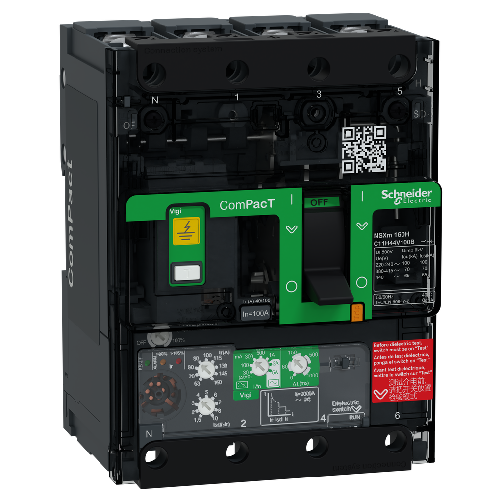 ComPacT NSXmH - disj Vigi - MicroLogic 4.1 100A - 4P4D - 70kA - borne à cosses