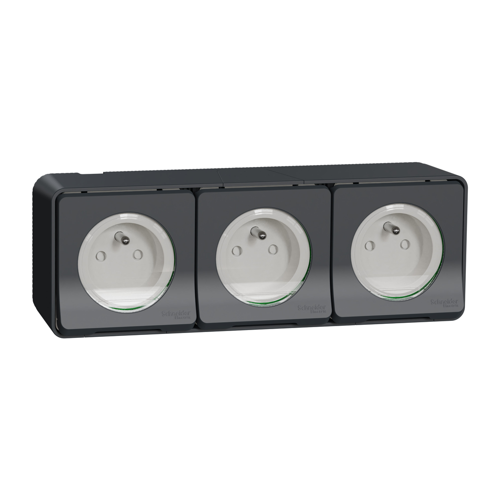 Mureva Styl - Triple PC 2P+T horiz. précâblée - saillie - IP55 - IK08 - gris