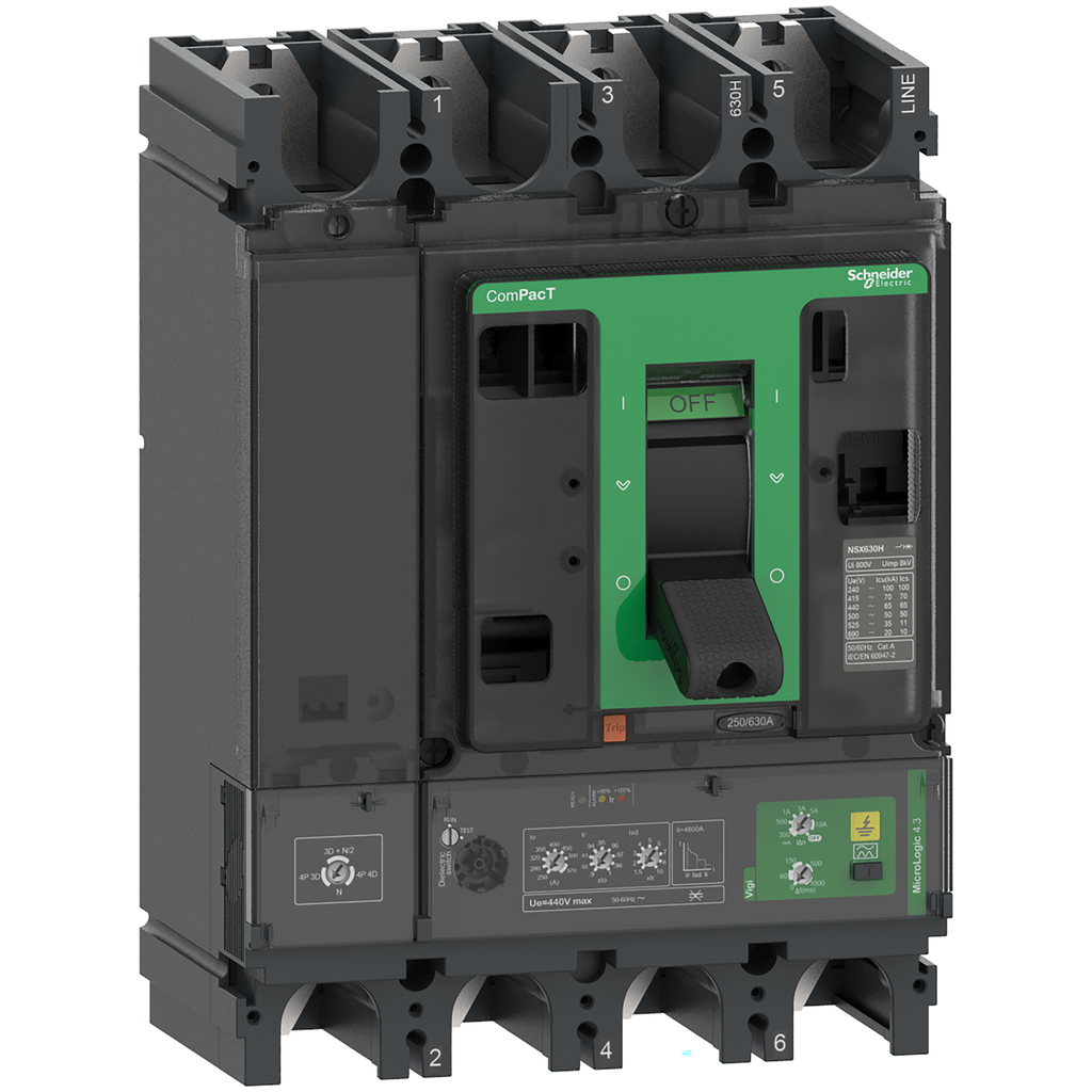 ComPacT NSX630H - Disjoncteur Vigi - MicroLogic 4.3 570A - 4P4D - 70kA - fixe
