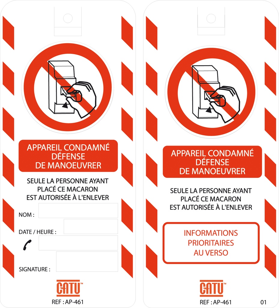 Affichette PVC de signalisation "CONDAMNATION BT", dimensions 170 x 75 mm.