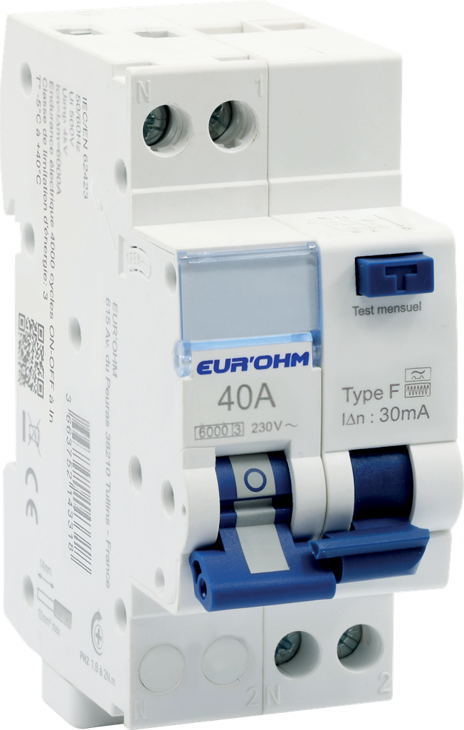 Disjoncteur différentiel 1P+N 40A courbe C 30mA type F
