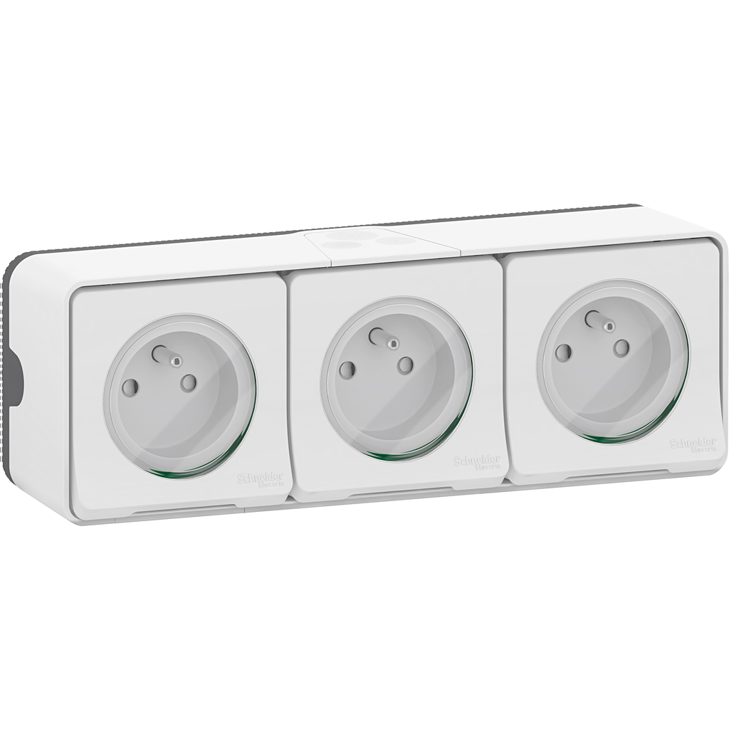 Mureva Styl - Triple PC 2P+T horiz. précâblée - saillie - IP55 - IK08 - blanc