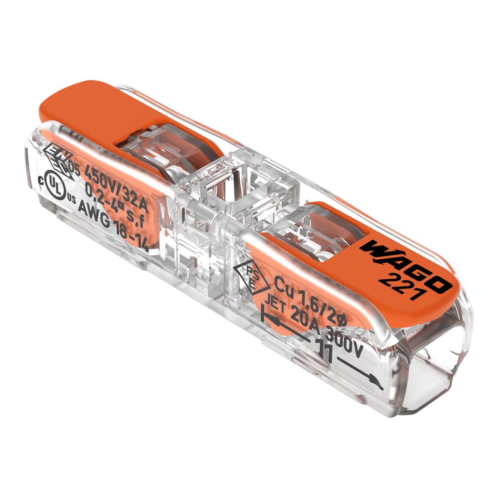 Borne WAGO 221 Inline 2x4mm² à leviers souple & rigide