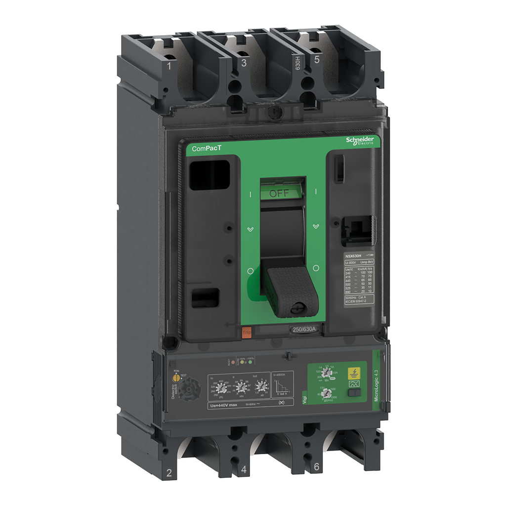 ComPacT NSX630H - Disjoncteur Vigi - MicroLogic 4.3 570A - 3P3D - 70kA - fixe