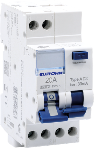 [EUR24120] Disjoncteur différentiel 1P+N 20A courbe C 30mA type A
