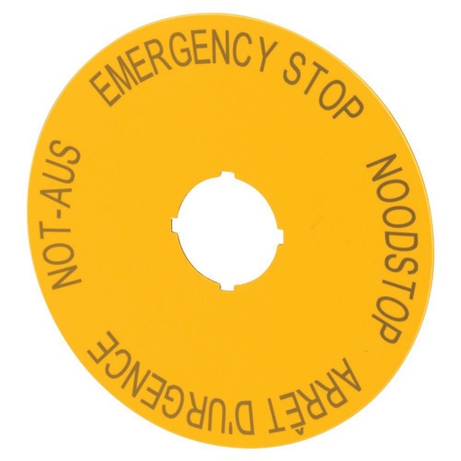 [EAT216467] Étiquette, arrêt d'urgence, jaune, D=90mm, 4 langues, DE, EN, néerlandais, FR