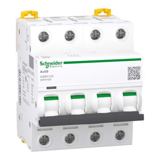 [SCHA9F87420] Acti9 iC60H - Disjoncteur - 4P - 20A - Courbe C - 400Vca - 10000A/15kA